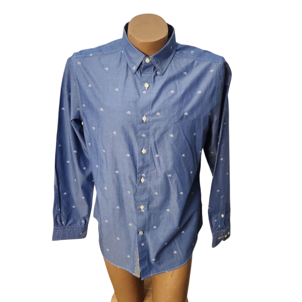 Nautica Blue Long Sleeve Classic Fit Sailboats Shirt Size Large